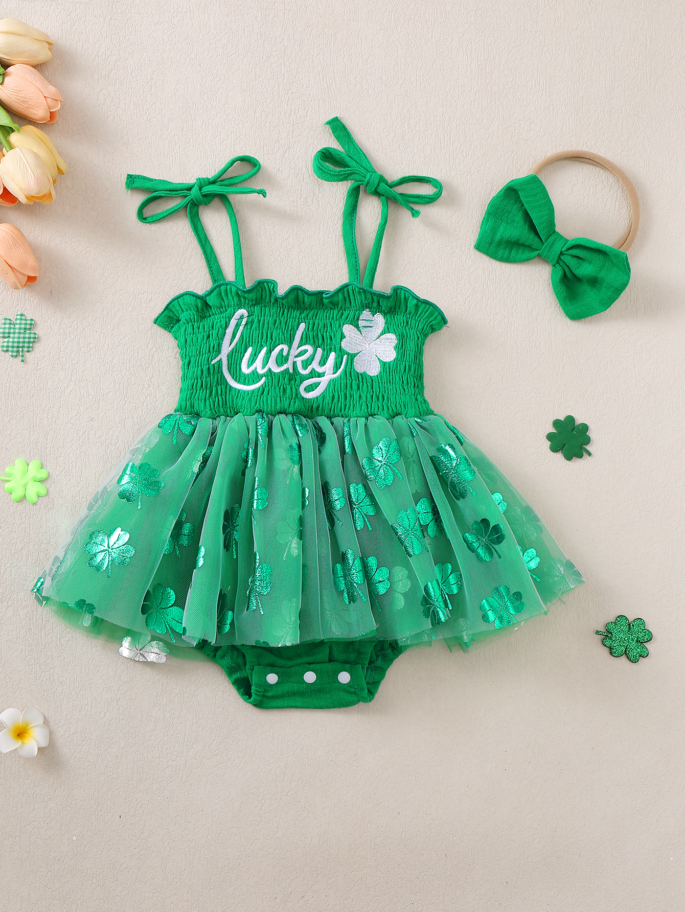 Baby Clothing Designer - Green Four-leaf Clover Pattern Baby Girl